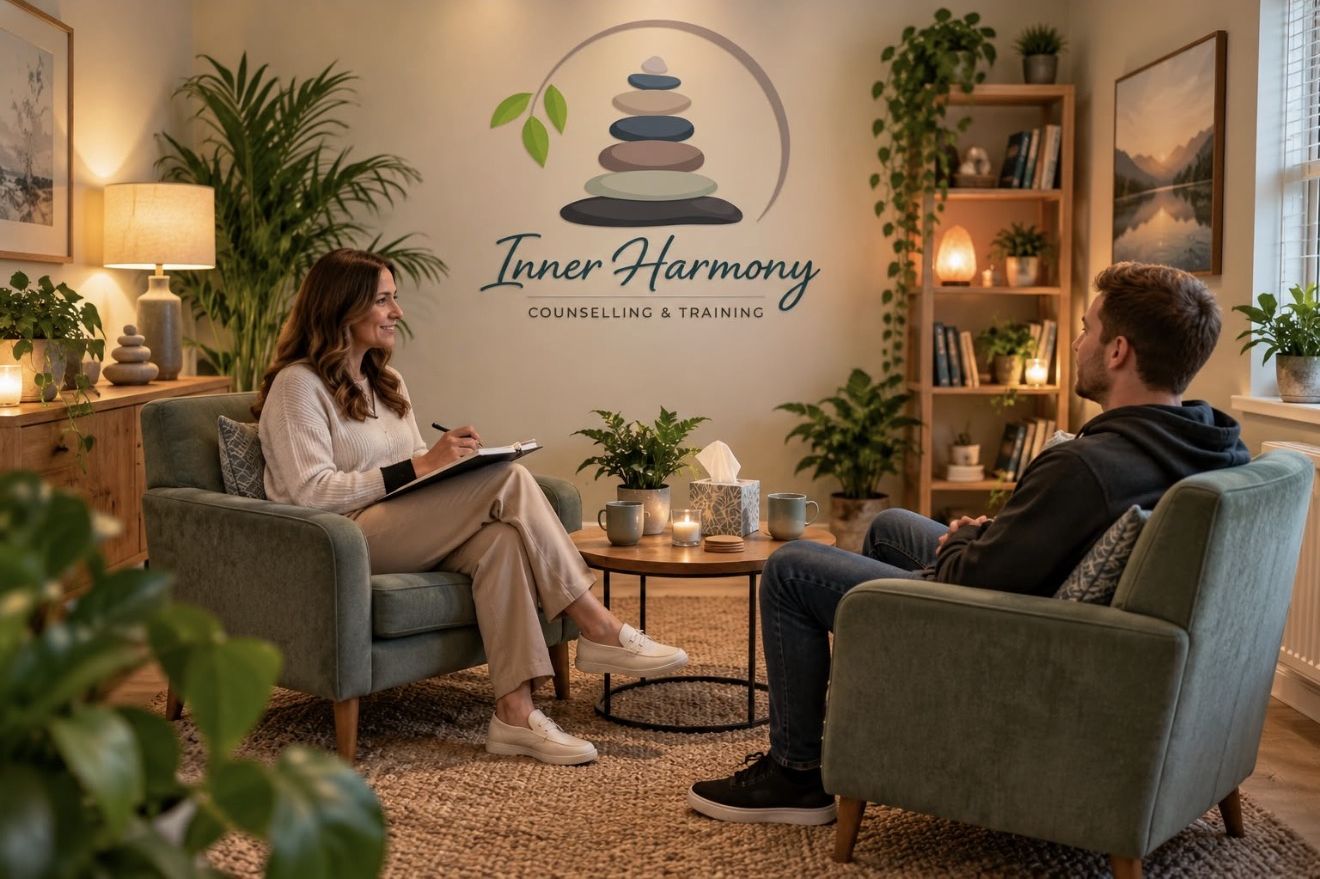 A calm counselling room with two armchairs, plants and the Inner Harmony logo on the wall