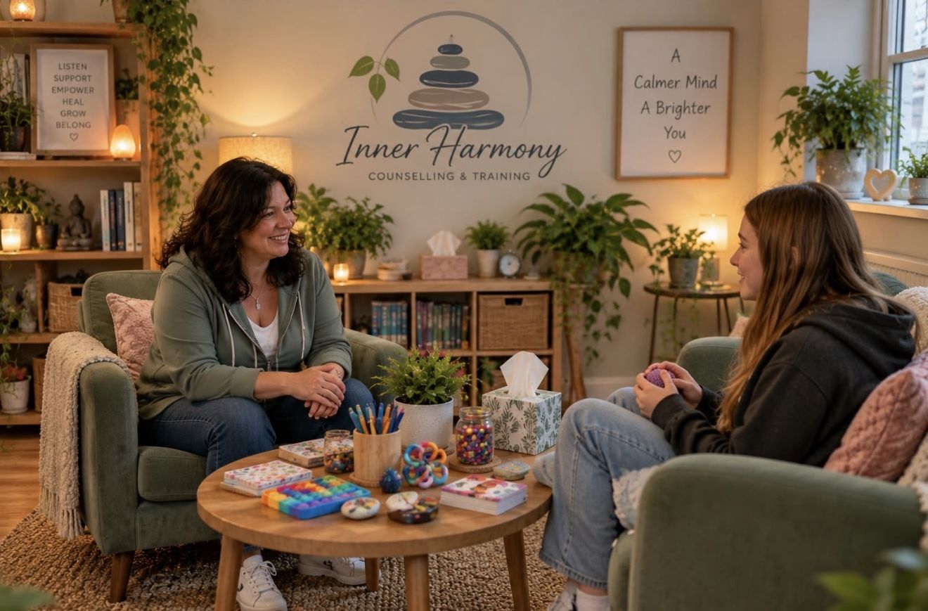 A cosy counselling room with fidget toys and colouring pencils on the table
